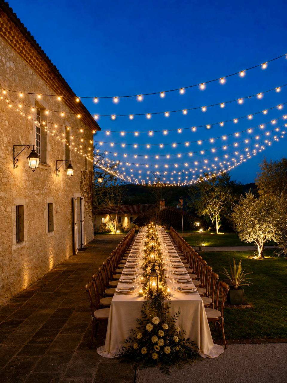 Hochzeitsdinner unter Lichterketten im Hof von Les Cazettes, das Herrenhaus dahinter beleuchtet