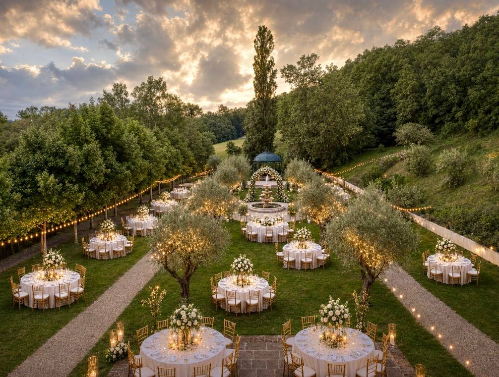 Hochzeitsempfang mit runden Tischen in den Gärten von Les Cazettes, neben Springbrunnen und schmiedeeisernem Pavillon